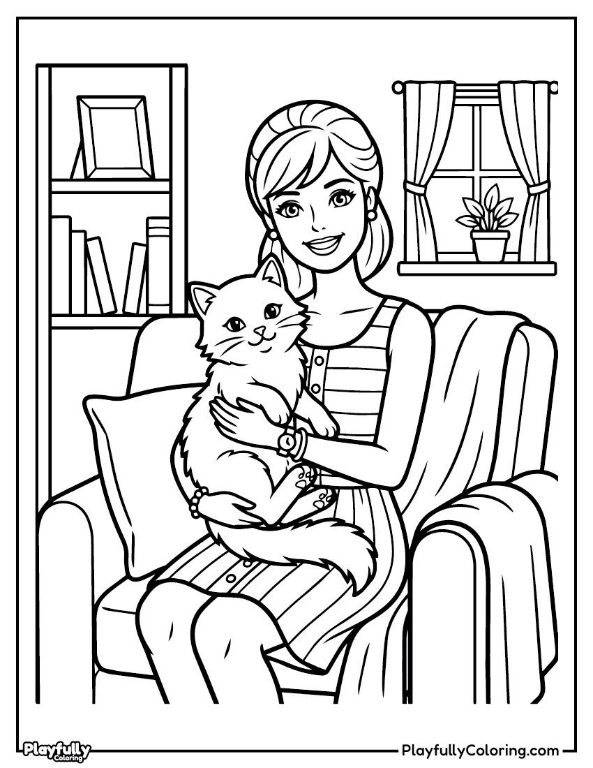 Barbie Coloring Pages barbie with cat at home coloring page