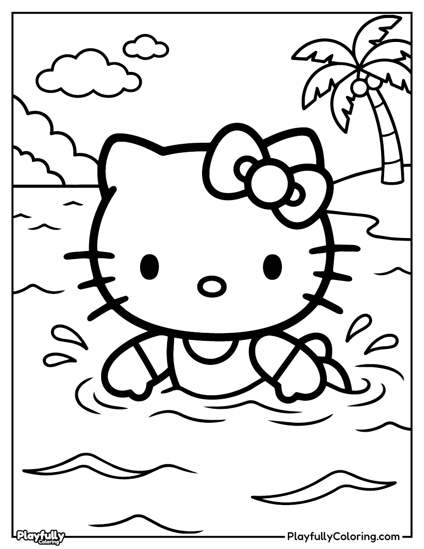 Hello Kitty at the beach coloring page – Hello Kitty in a swimsuit standing by the ocean with palm trees