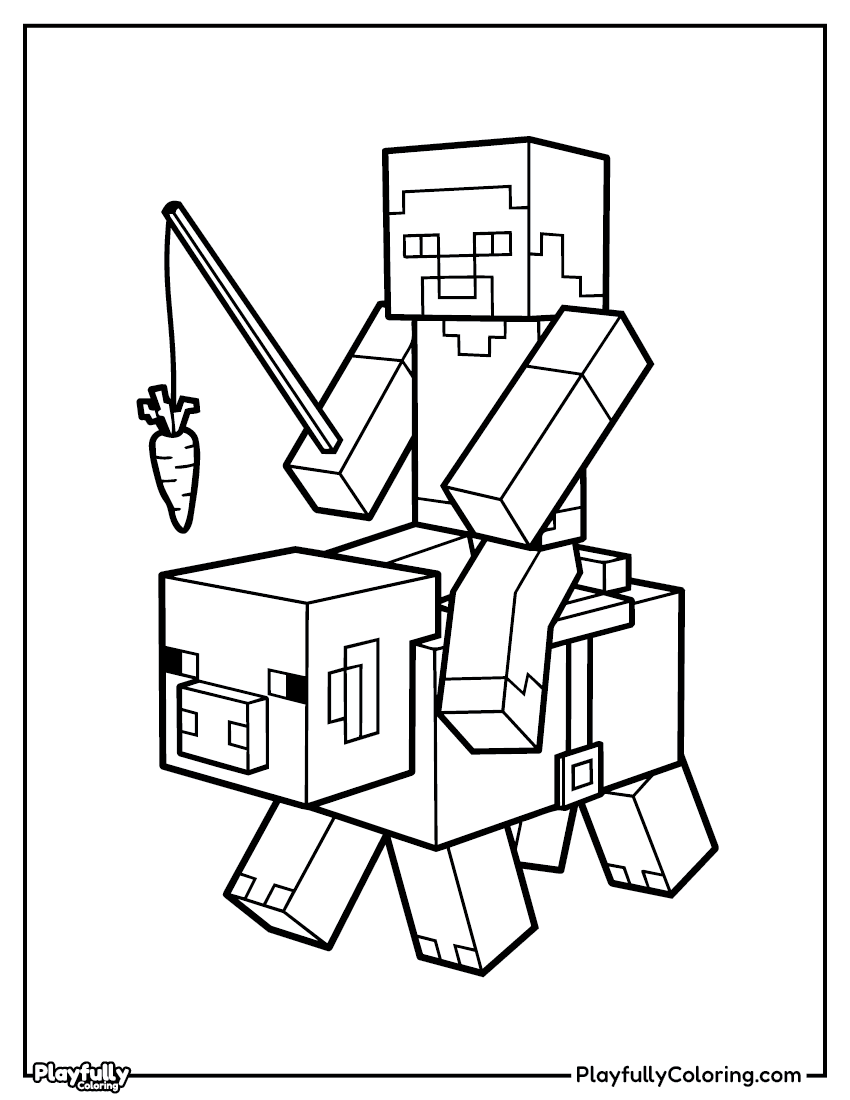 Minecraft Coloring Pages steve on pig with carrot coloring page
