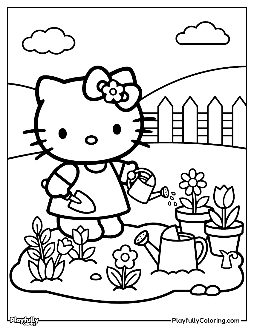 10 hello kitty in the garden coloring page