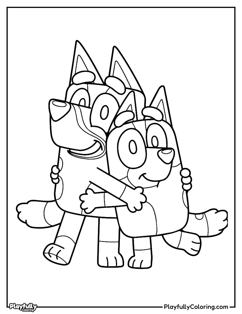 bluey and bingo playing together coloring page free printable