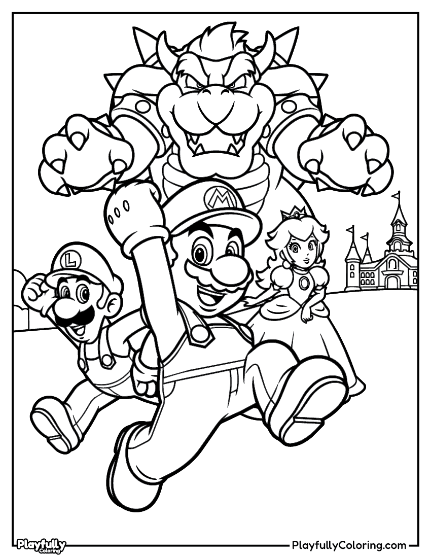 Mario Coloring Pages - Free Printables bowser chasing mario and luigi castle coloring page