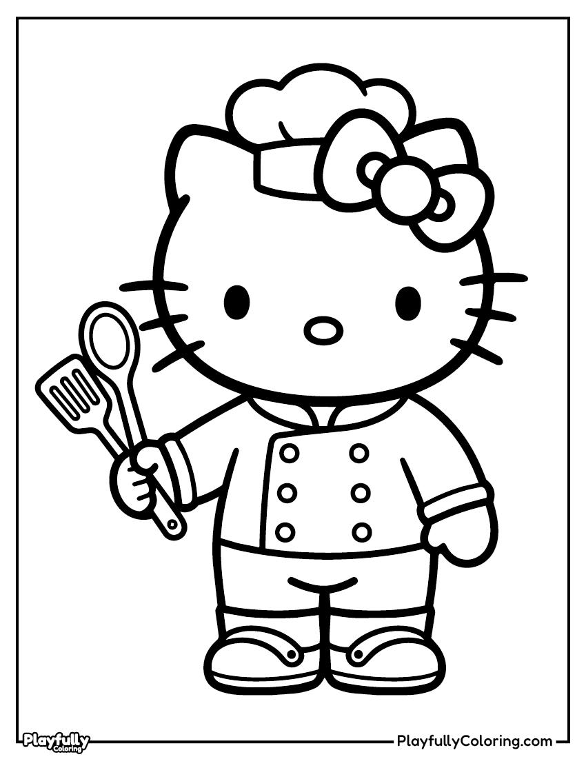 Hello Kitty in the garden coloring page – Hello Kitty surrounded by flowers and plants in a garden