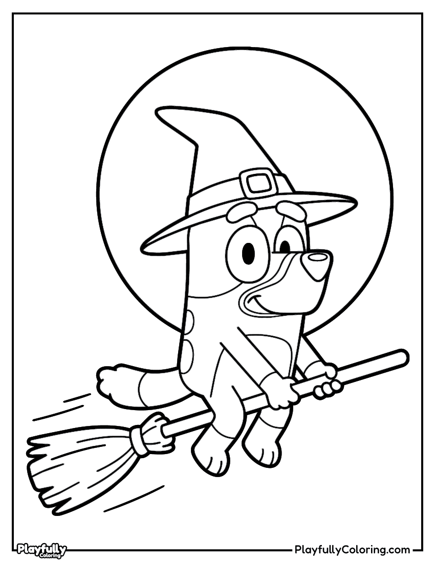 bluey as a witch on a broomstick coloring page free printable