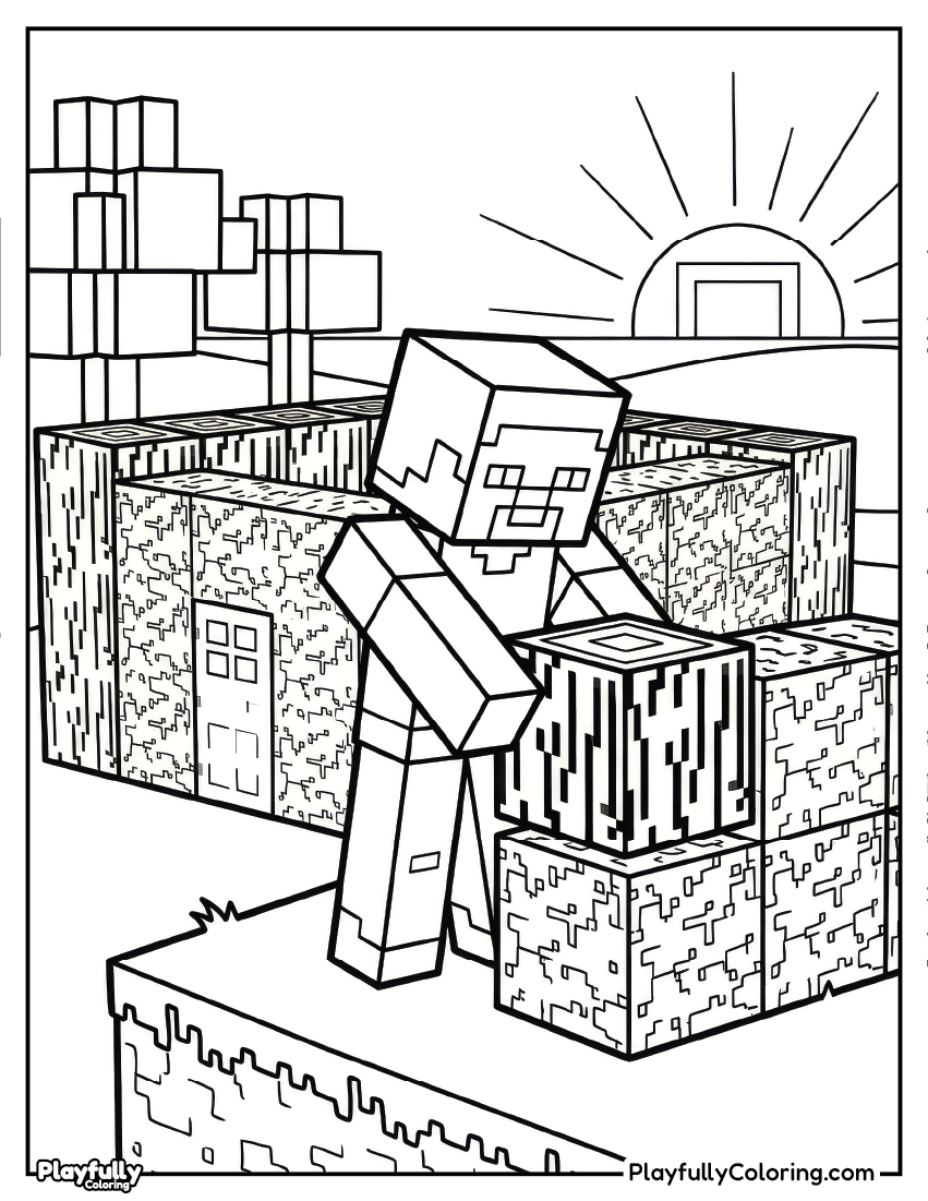 Minecraft Coloring Pages steve building sunset coloring page
