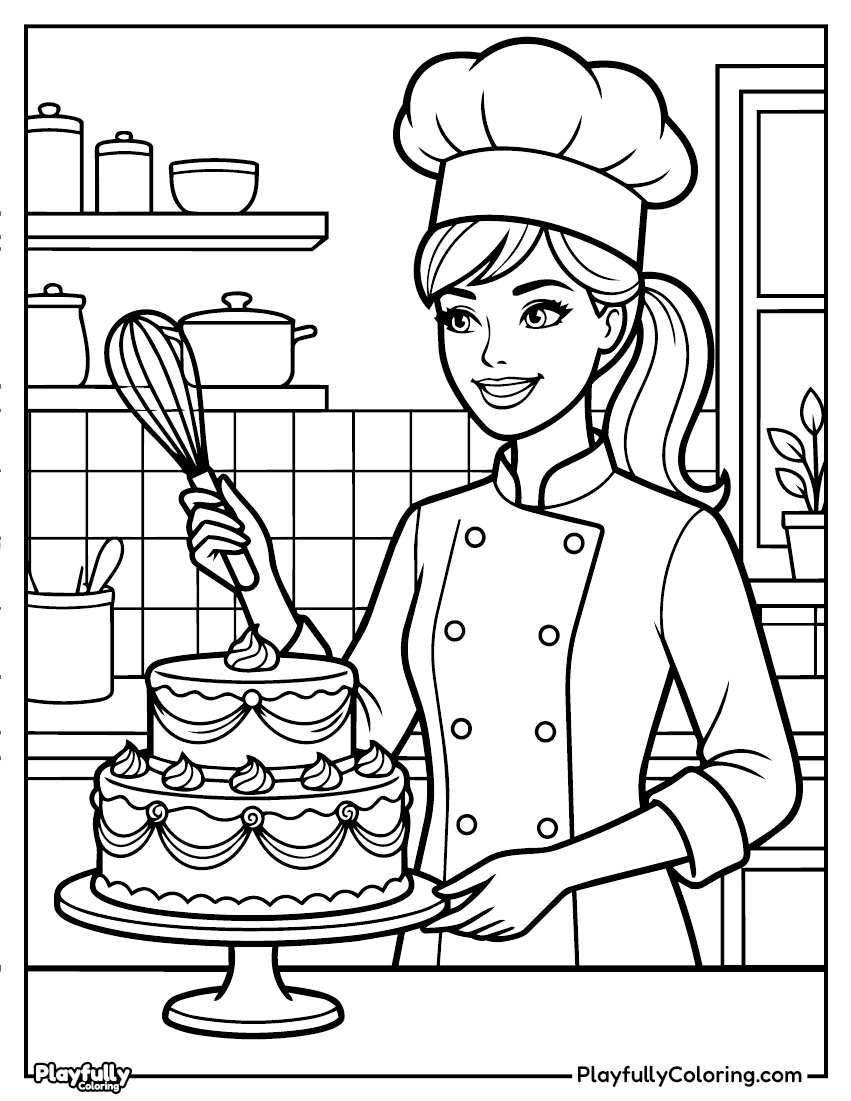 Barbie Coloring Pages Barbie chef baking cake coloring page