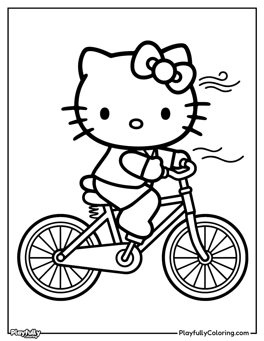 Hello Kitty on a bicycle coloring page – Hello Kitty riding a bicycle with a flower basket