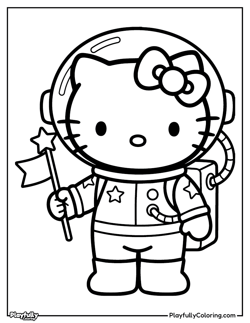 Hello Kitty astronaut coloring page – Hello Kitty in a space suit with a wand, floating among stars