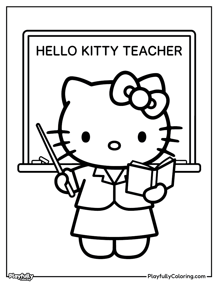 Hello Kitty teacher coloring page – Hello Kitty standing in front of a chalkboard that reads Hello Kitty Teacher