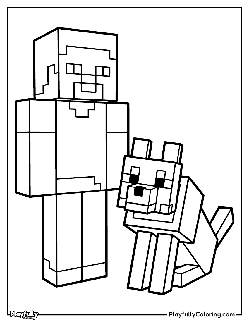Minecraft Coloring Pages steve with wolf companion coloring page