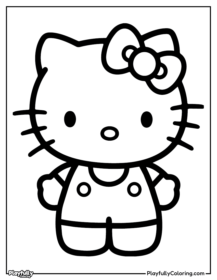 Hello Kitty classic standing coloring page – Hello Kitty in her iconic pose with red bow, simple and clean lines