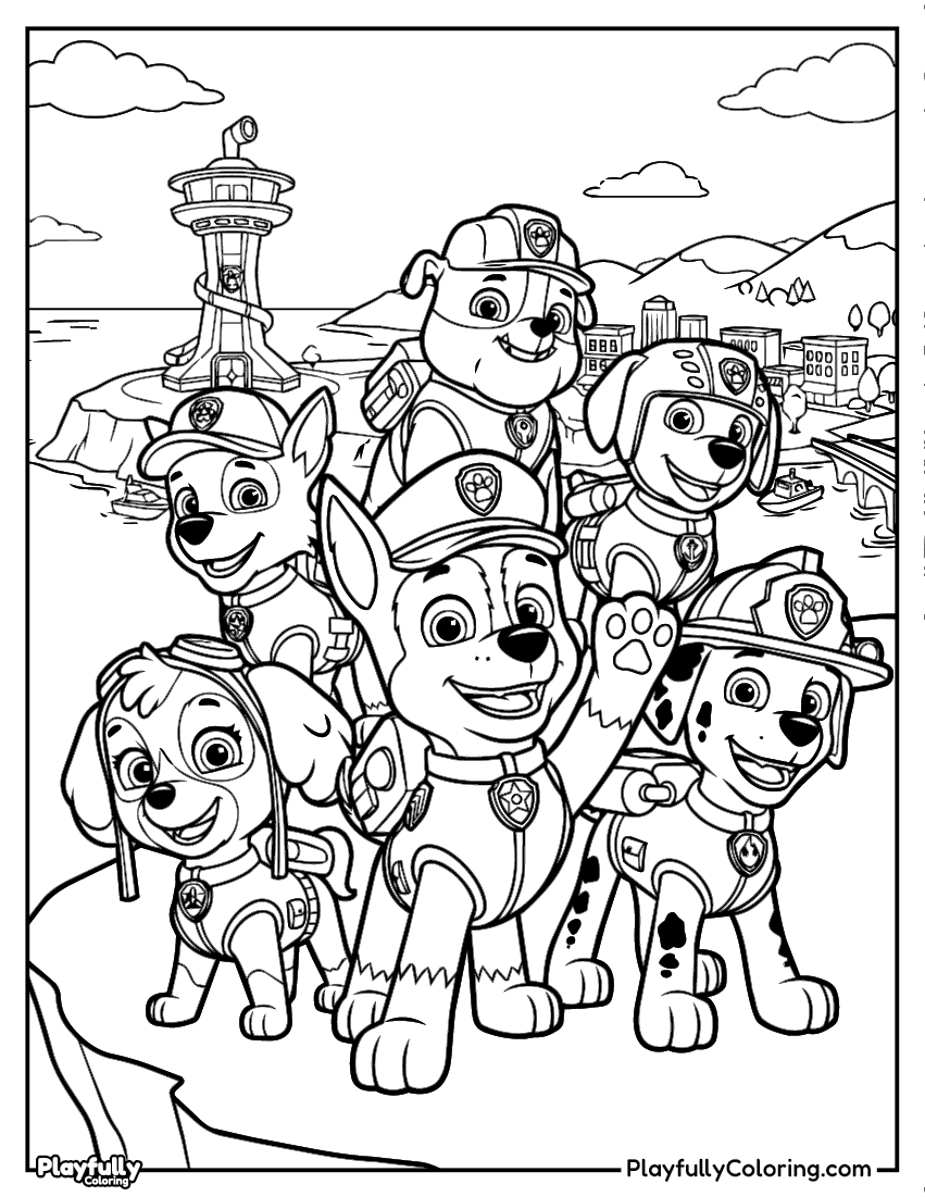 Paw Patrol Coloring Pages Paw patrol full cast scene coloring page