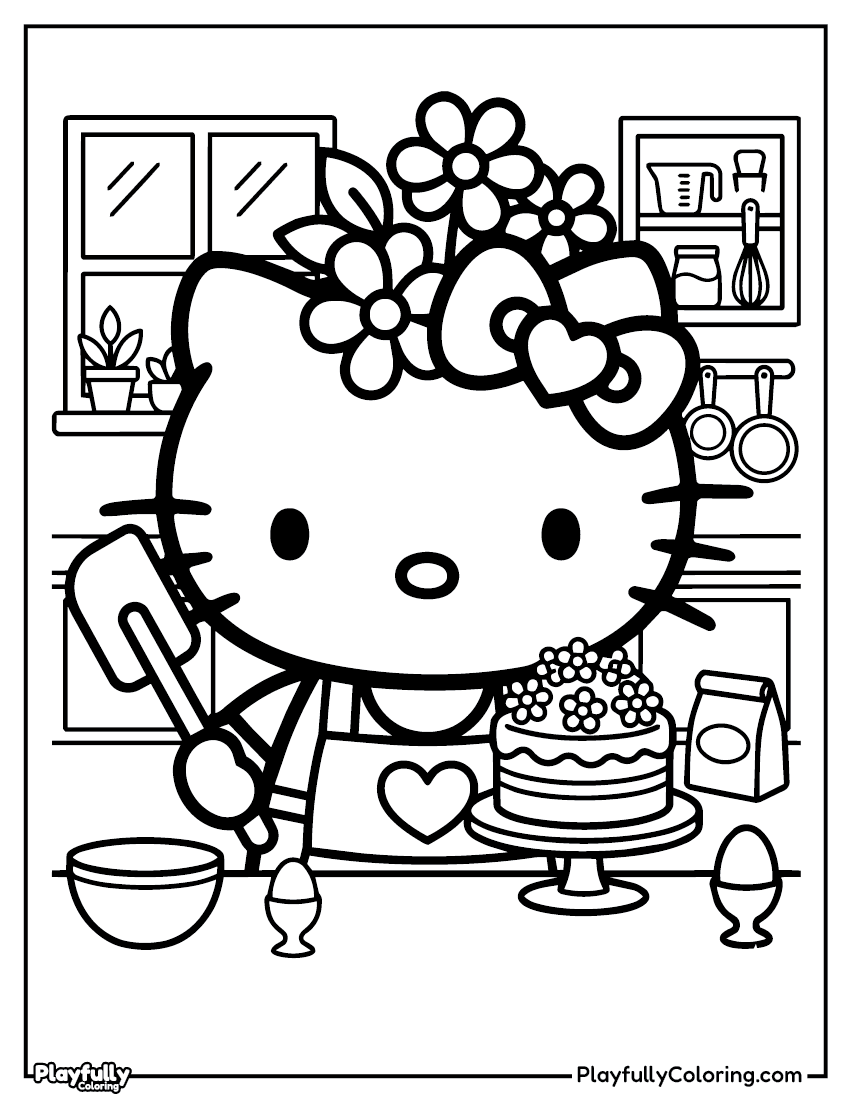 Hello Kitty baking coloring page – Hello Kitty baking a cake with ingredients and kitchen tools around