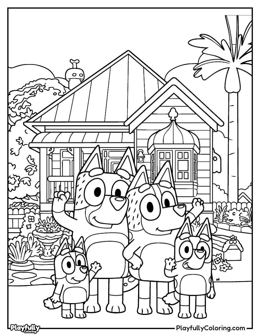 bluey heeler family in front of house coloring page free printable