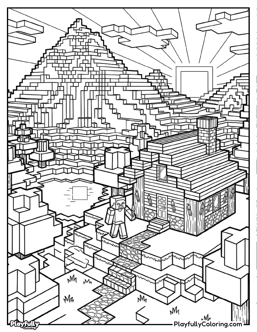 Minecraft Coloring Pages minecraft mountain landscape coloring page