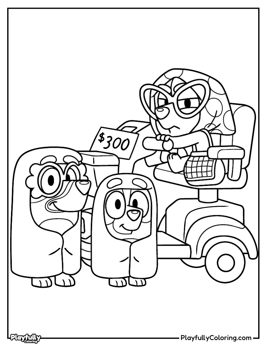 bluey heeler family garage sale coloring page free printable