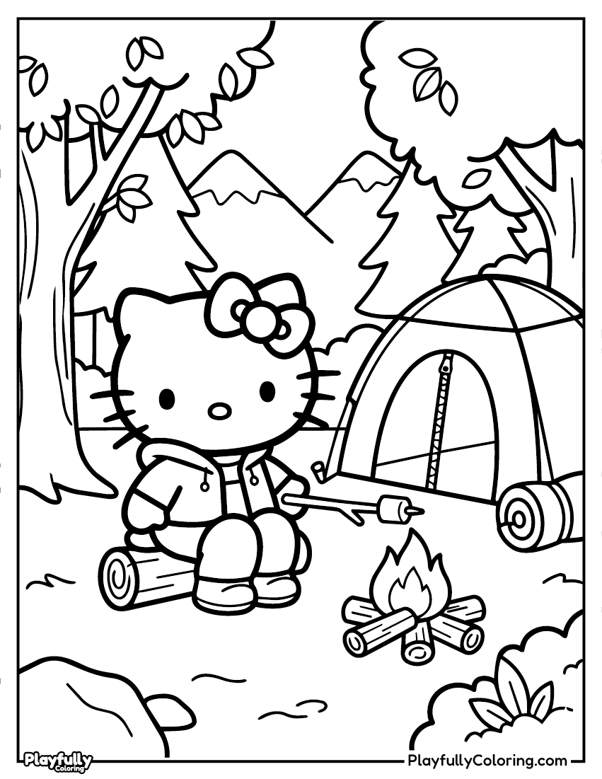 Hello Kitty camping coloring page – Hello Kitty at a campsite with a tent in the background