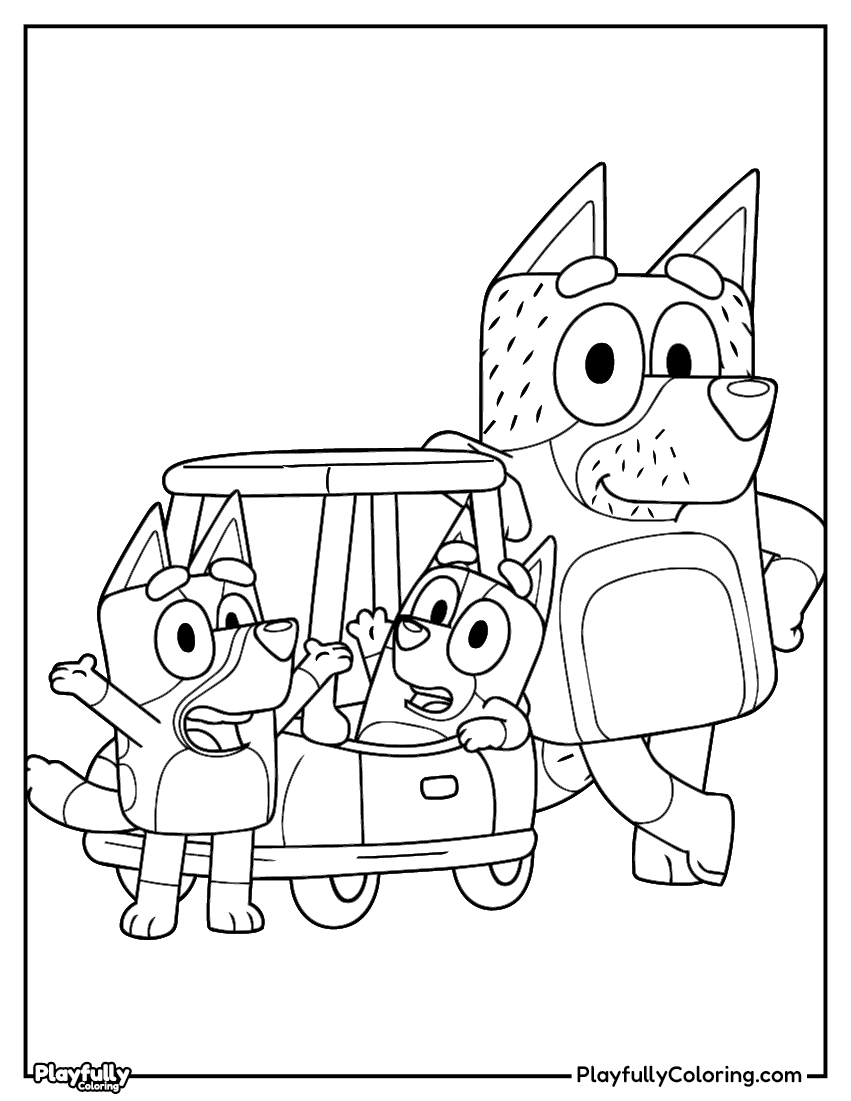 bluey family on a road trip coloring page free printable