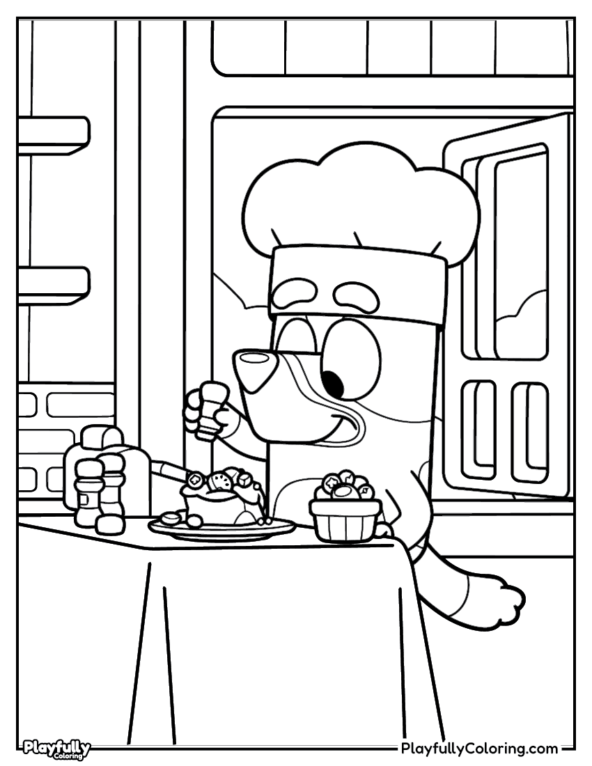 bluey cooking in kitchen coloring page free printable