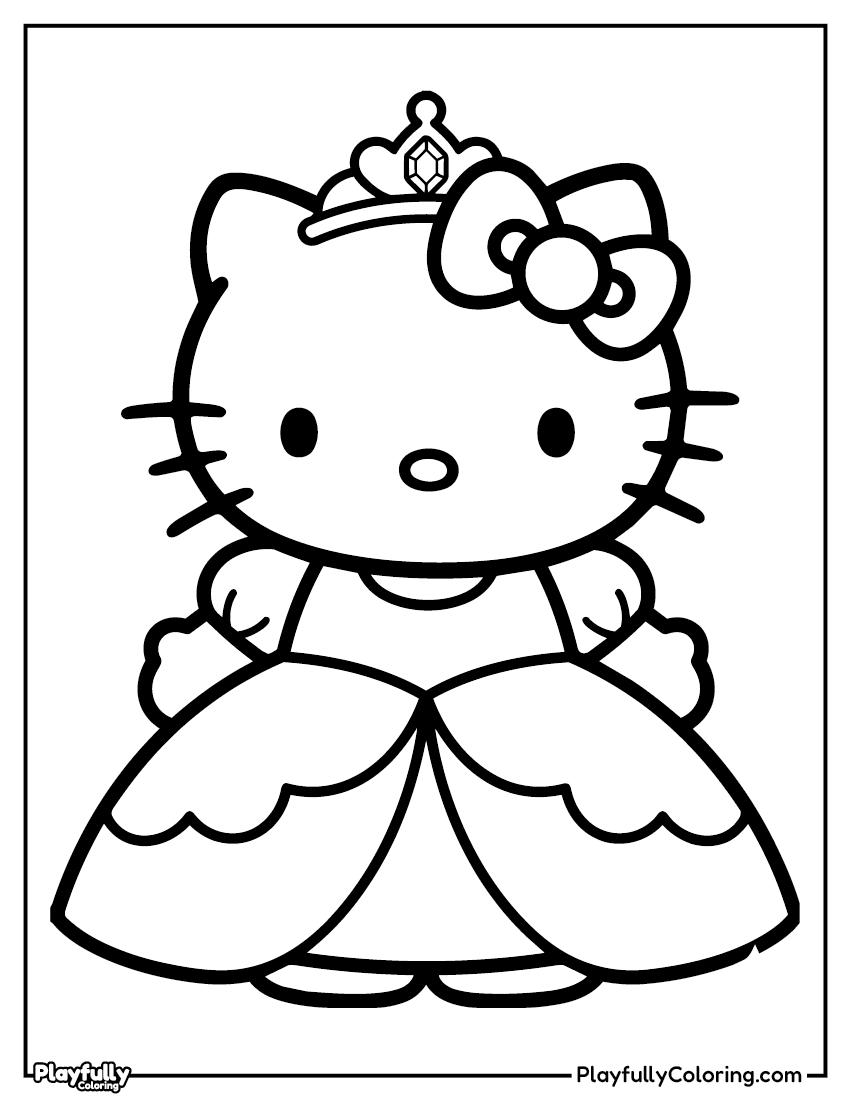 Hello Kitty princess coloring page – Hello Kitty wearing a tiara and a long puffy dress