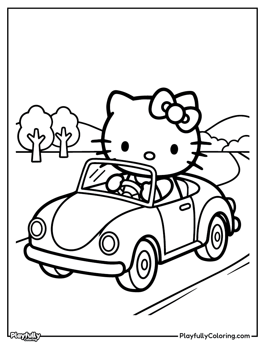 Hello Kitty driving coloring page – Hello Kitty driving a small cute car on a road