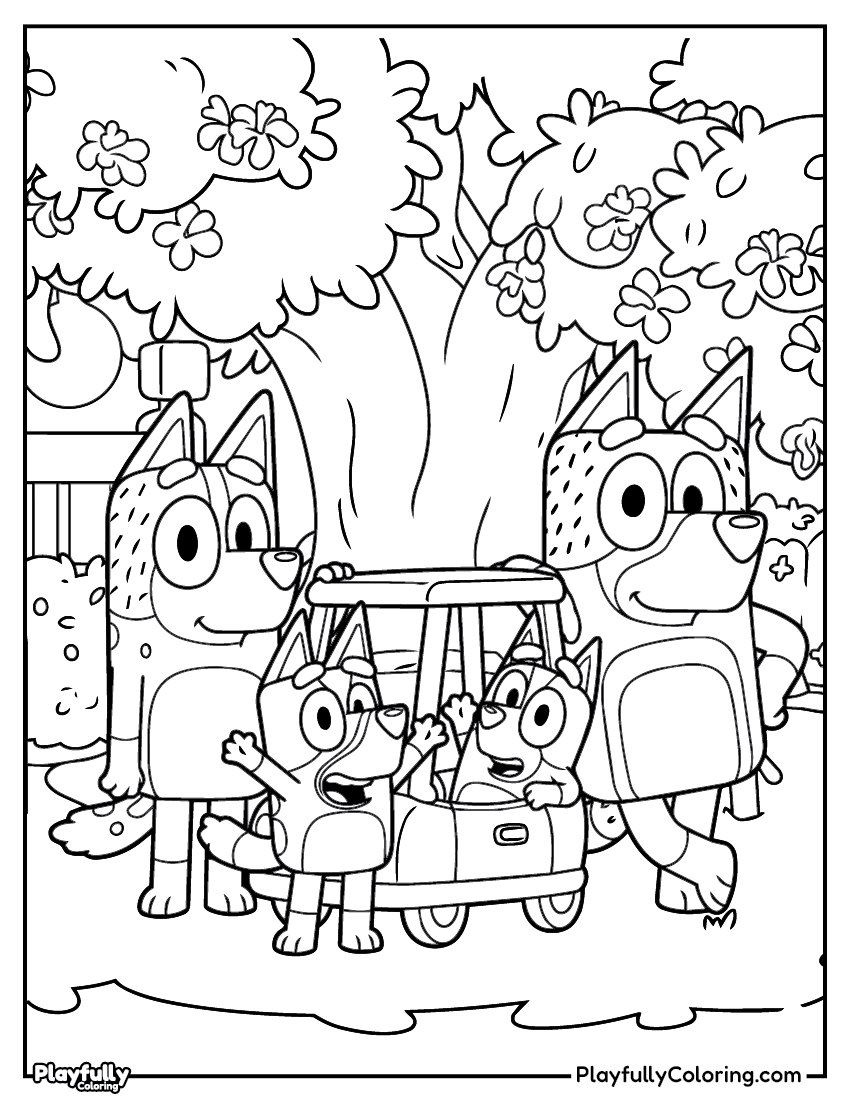 bluey and bingo in nature coloring page free printable