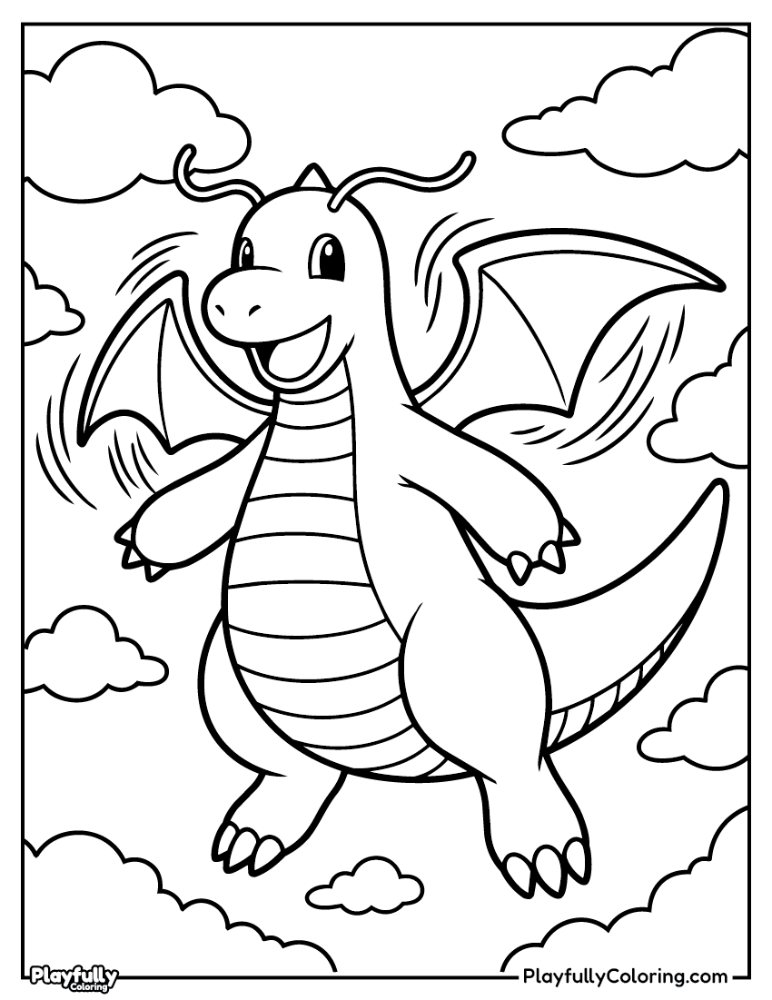 Pokemon Coloring Pages — Free PDF 21 dragonite flying clouds coloring page