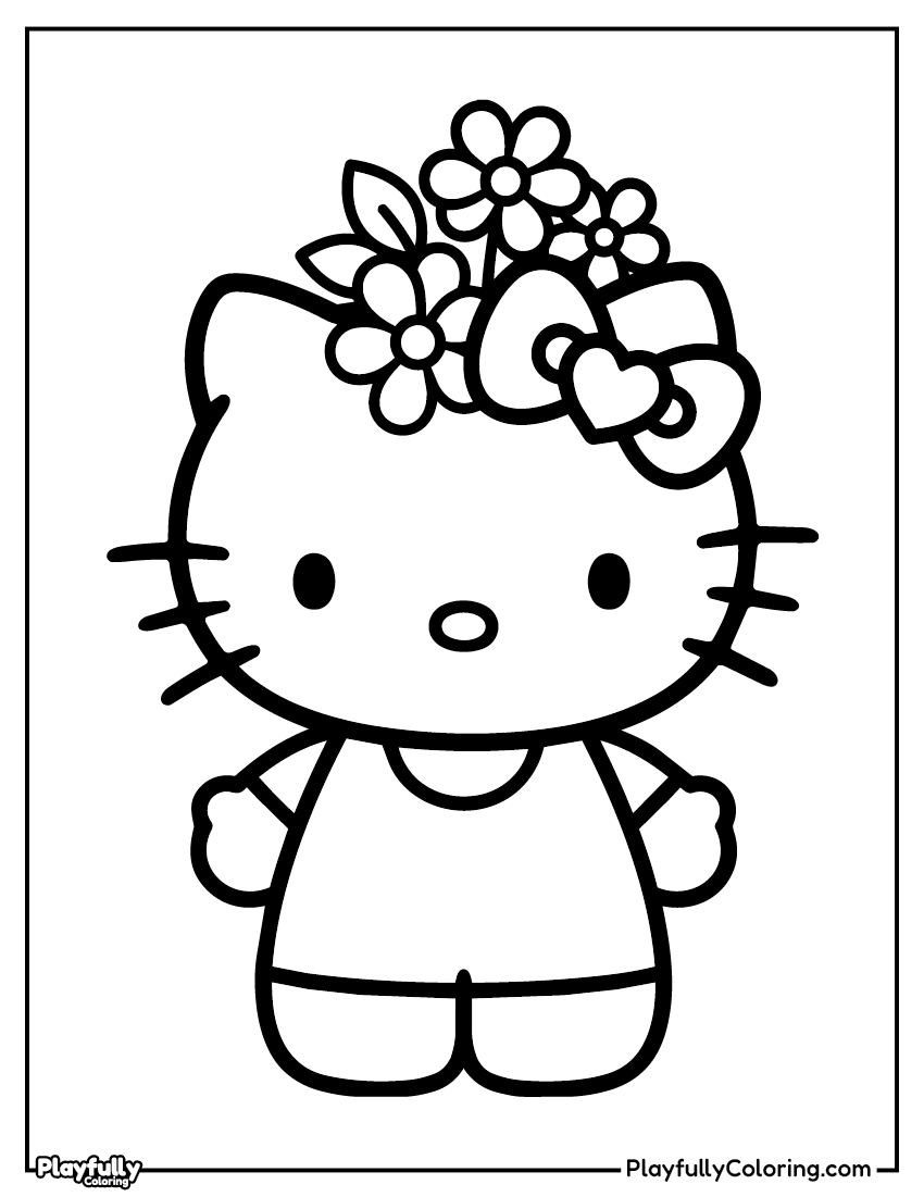 Hello Kitty with flowers coloring page – Hello Kitty holding a bouquet of flowers with a big floral bow