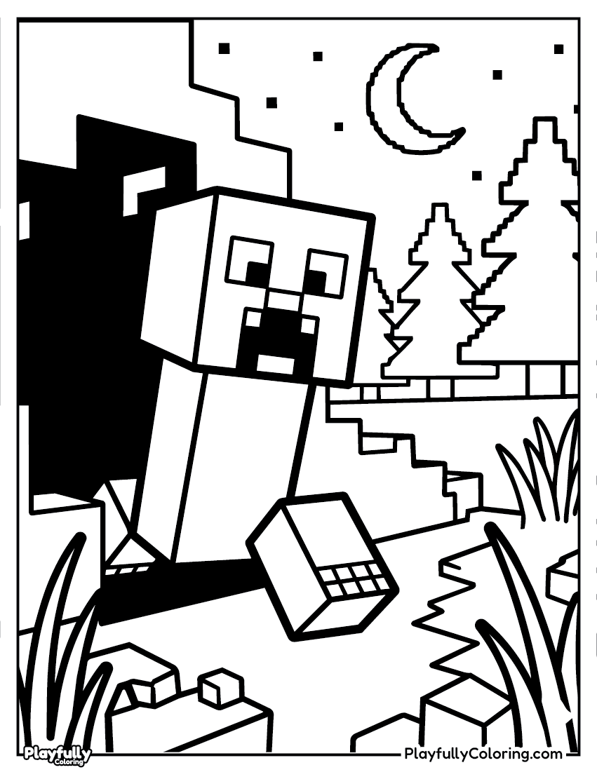 Minecraft Coloring Pages creeper at night moon coloring page