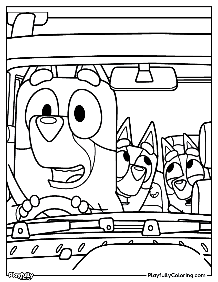 bluey heeler family in the car coloring page free printable