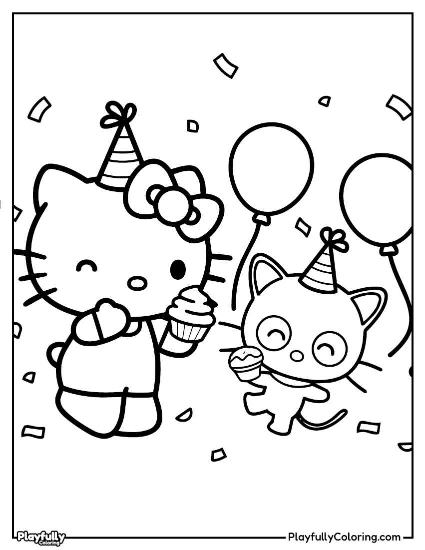 Hello Kitty birthday party coloring page – Hello Kitty with balloons and party items celebrating a birthday