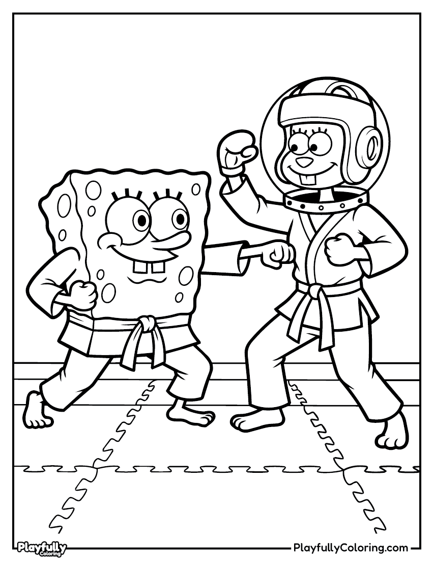 SpongeBob Coloring Pages Spongebob sandy karate practice coloring page