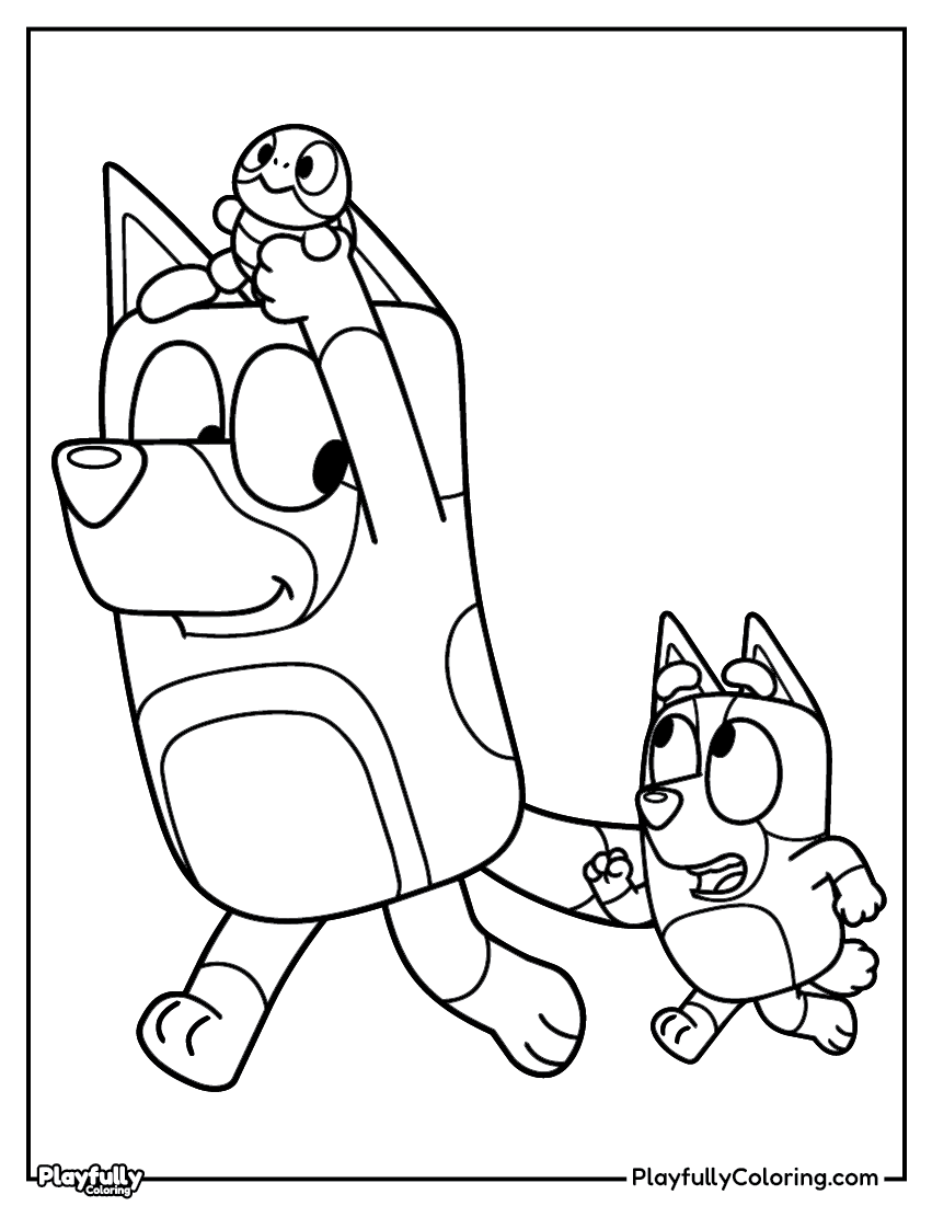bluey bandit and bingo walking coloring page free printable