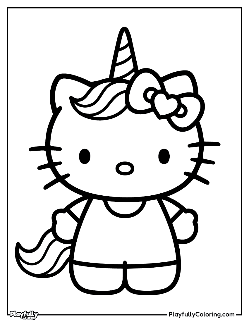 Hello Kitty unicorn coloring page – Hello Kitty as a unicorn with a horn and rainbow details