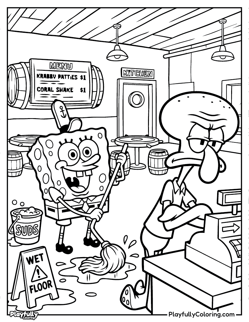 SpongeBob Coloring Pages Squidward krusty krab interior coloring page