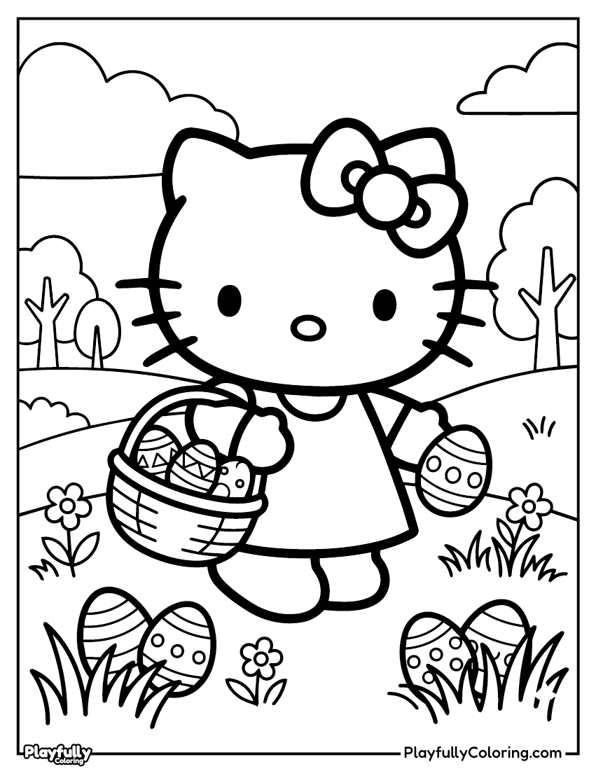 Hello Kitty Easter coloring page – Hello Kitty in a garden with Easter eggs and Easter basket