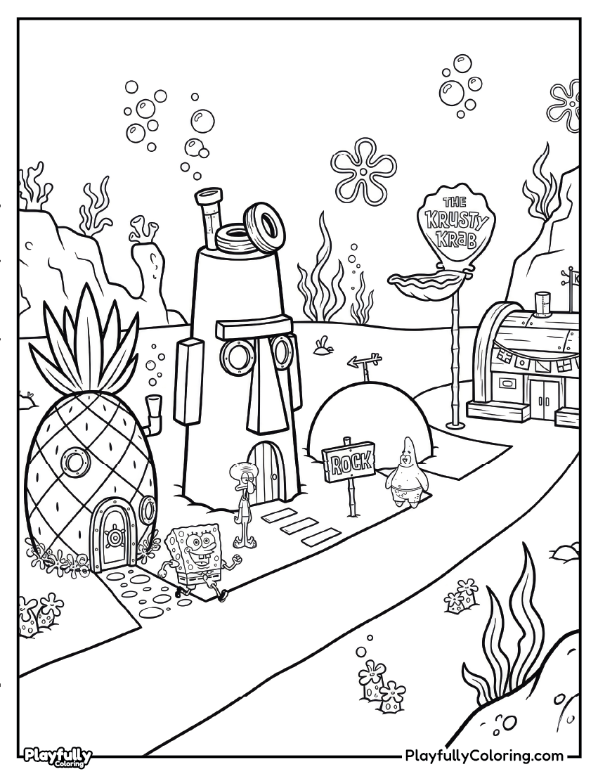 SpongeBob Coloring Pages Spongebob pineapple house, Squidward house, Patrick house