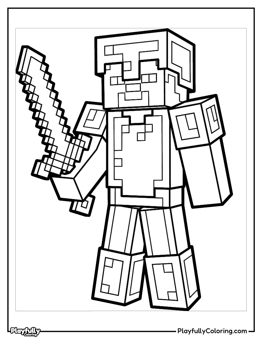 Minecraft Coloring Pages steve with diamond sword coloring page