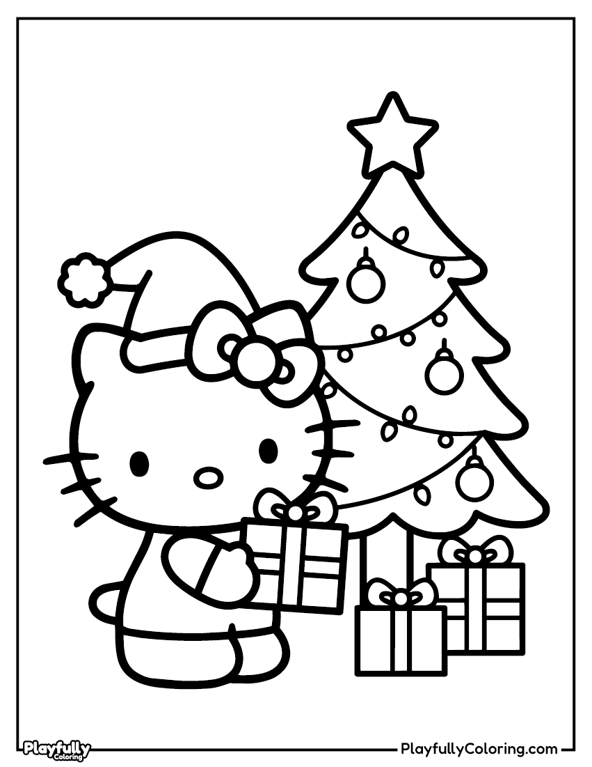Hello Kitty Christmas tree coloring page – Hello Kitty next to a decorated Christmas tree with star on top