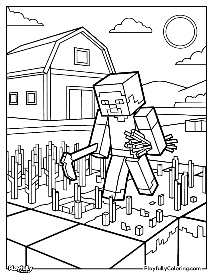 Minecraft Coloring Pages steve in village scene coloring page