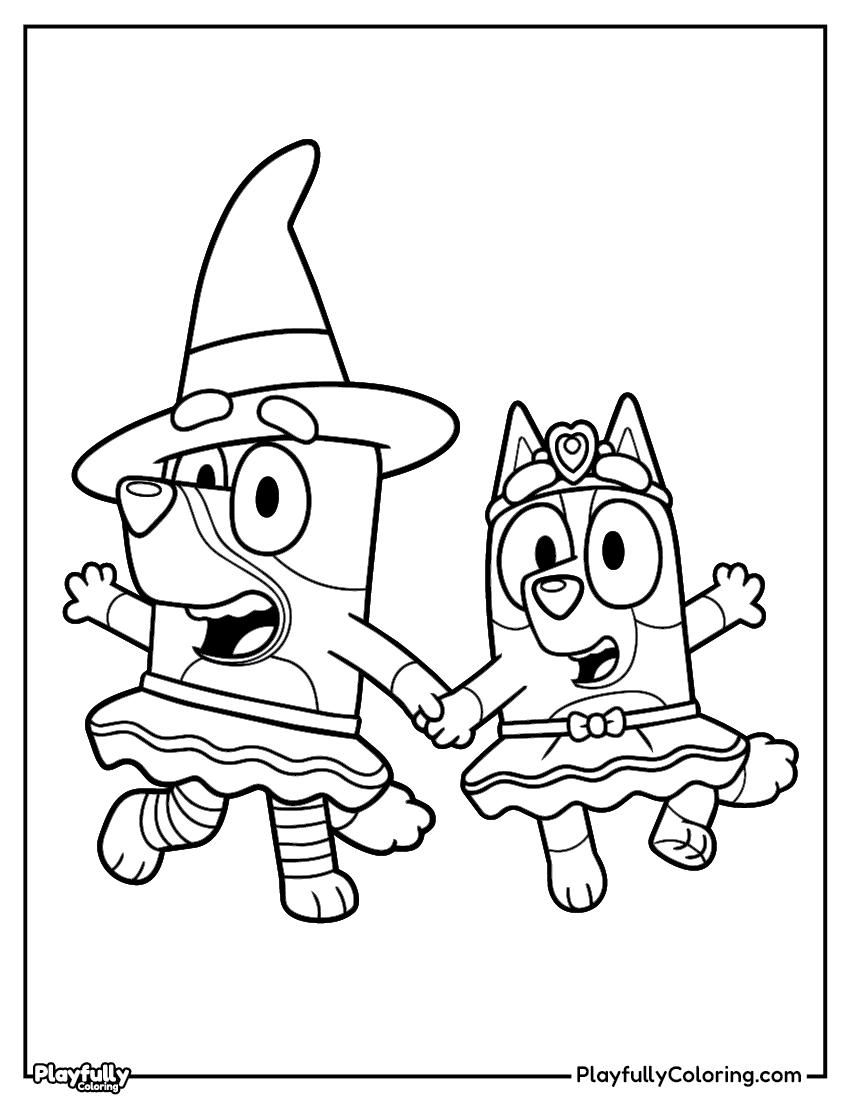 bluey and bingo dressed as witches dancing coloring page free printable