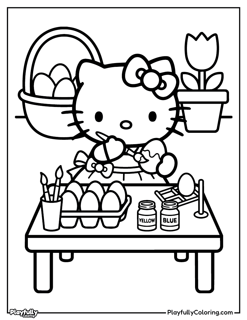 Hello Kitty Easter basket coloring page – Hello Kitty with a basket full of colorful Easter eggs and flowers
