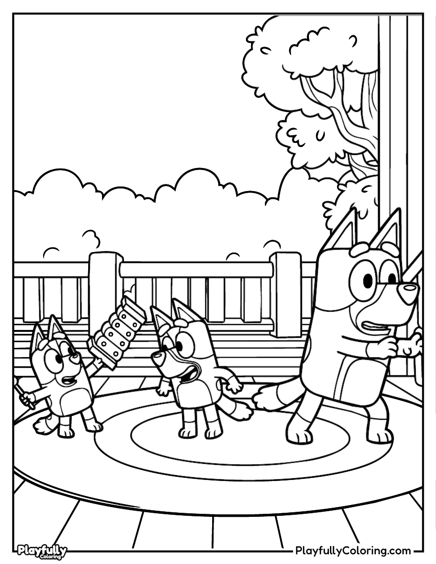 bluey jumping on backyard trampoline coloring page free printable