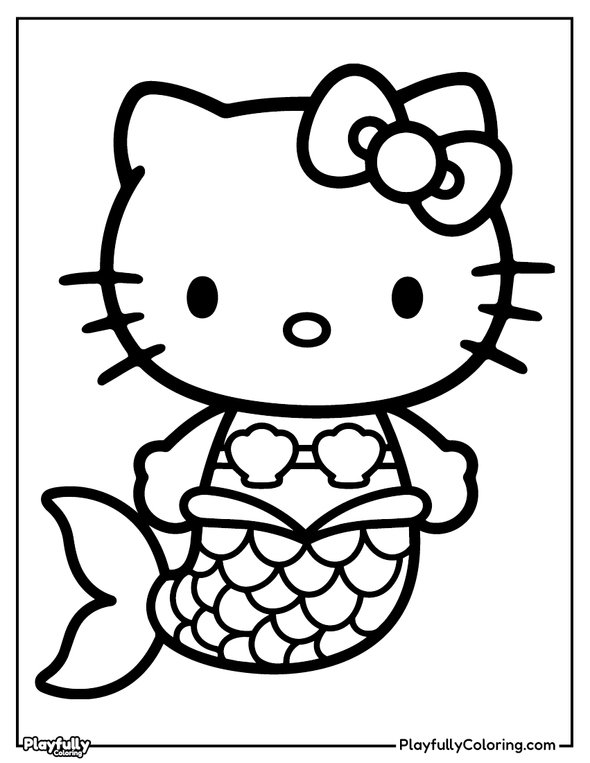 Hello Kitty mermaid coloring page – Hello Kitty as a mermaid with a fish tail and holding a flower