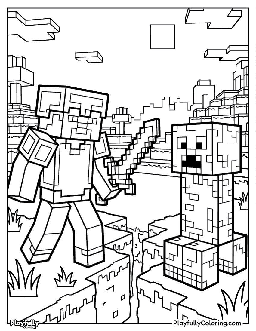 Minecraft Coloring Pages Steve and Creeper fight