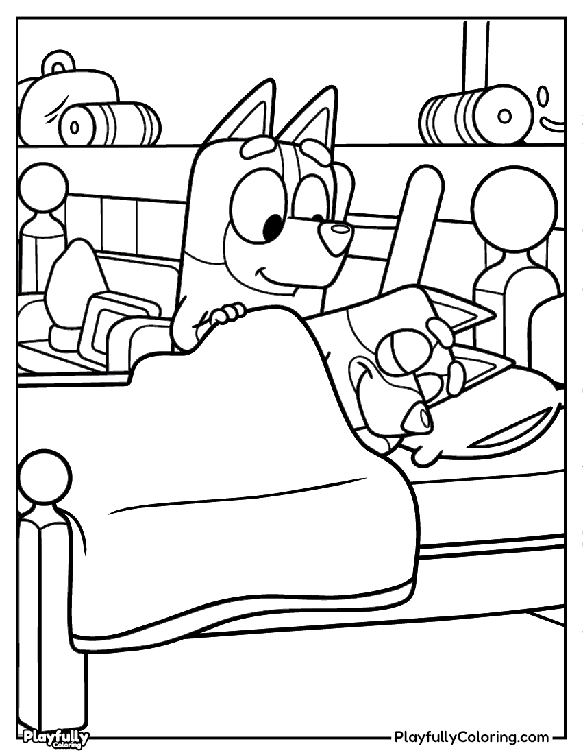 bluey heeler family sleepover coloring page free printable