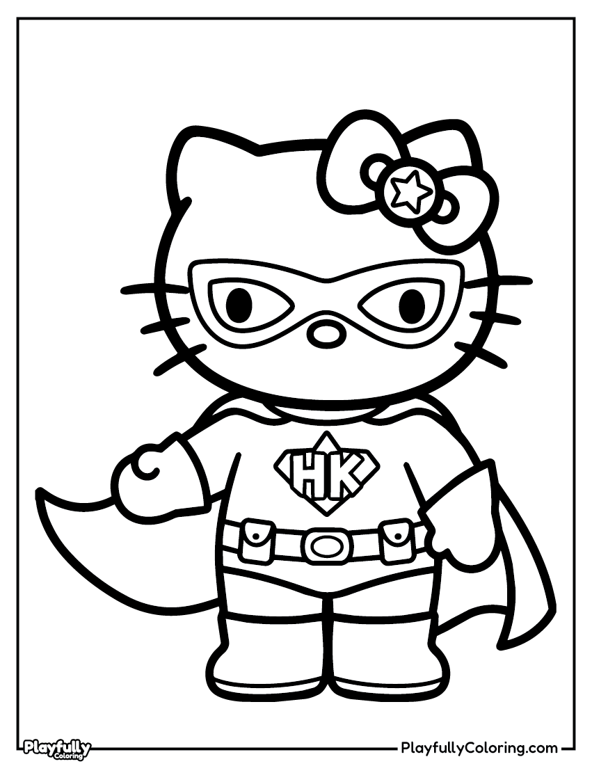 Hello Kitty superhero coloring page – Hello Kitty in a superhero mask and cape in a flying pose