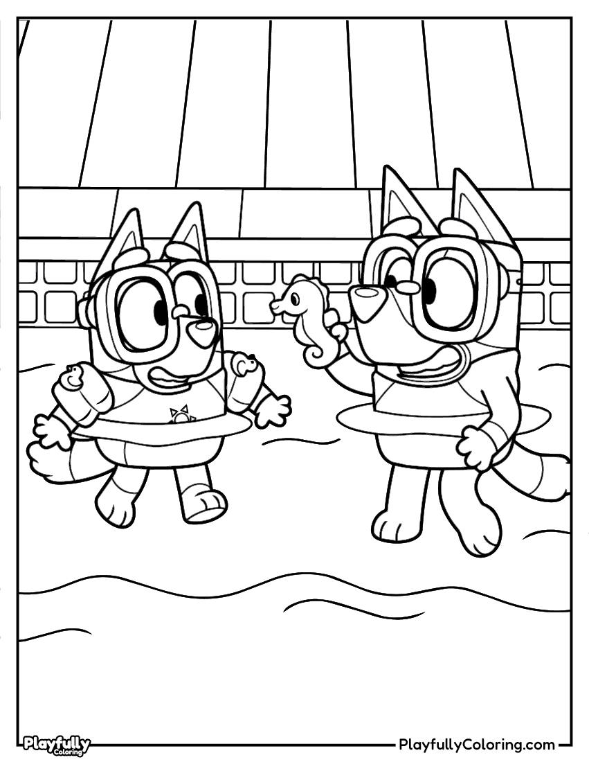 bluey and bingo at the pool coloring page free printable