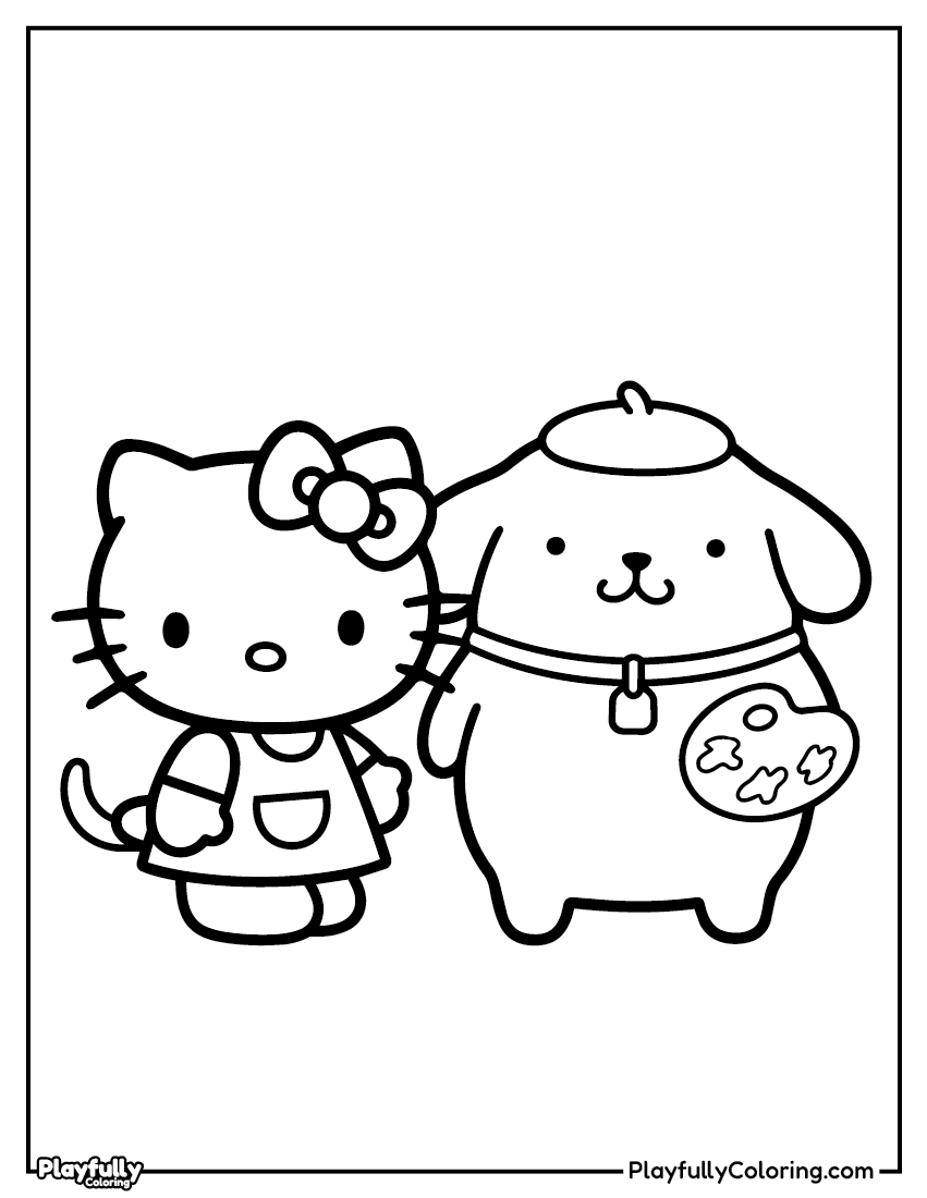 Hello Kitty and Pompompurin coloring page – Hello Kitty with Pompompurin holding a candy