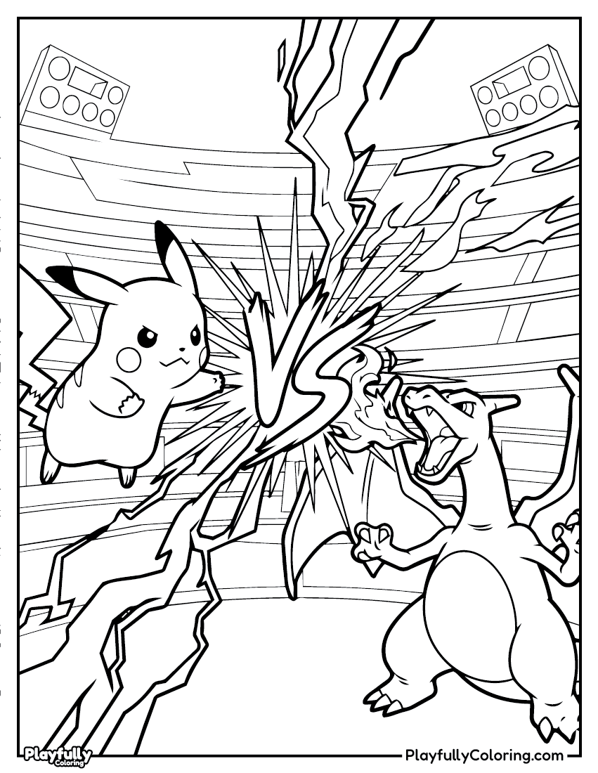 Pokemon Coloring Pages — Free PDF 3 pikachu and Charizard battle coloring page